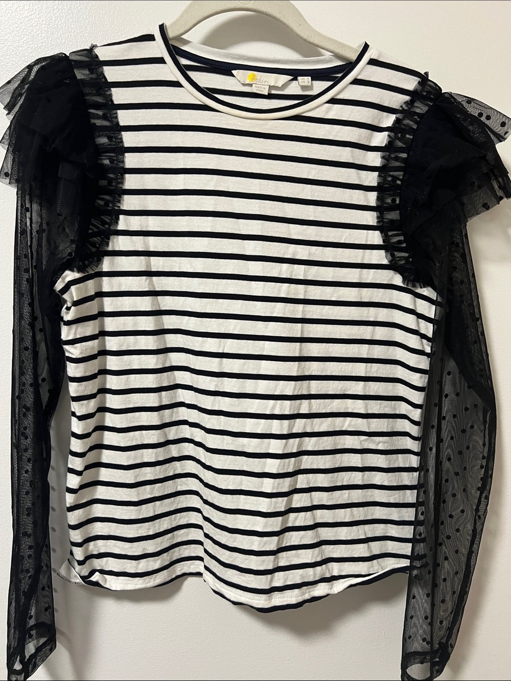 Boden Black & White Striped Top with Polka Dot Mesh Sleeves